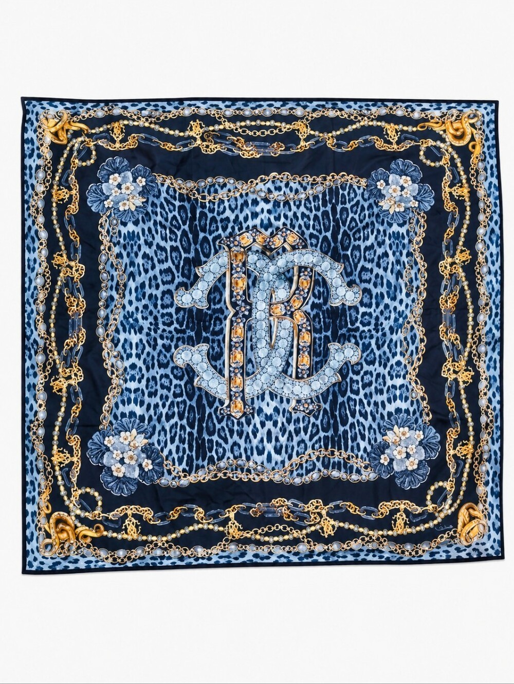 ROBERTO CAVALLI  | Black Gray Jewel RC Logo 100% Silk 35" Square Foulard Scarf